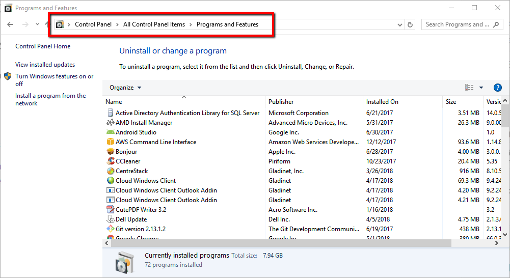 force uninstall a program windows 10