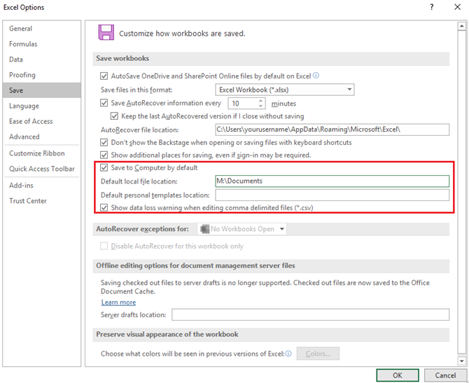 How to change the default save location path in Office...